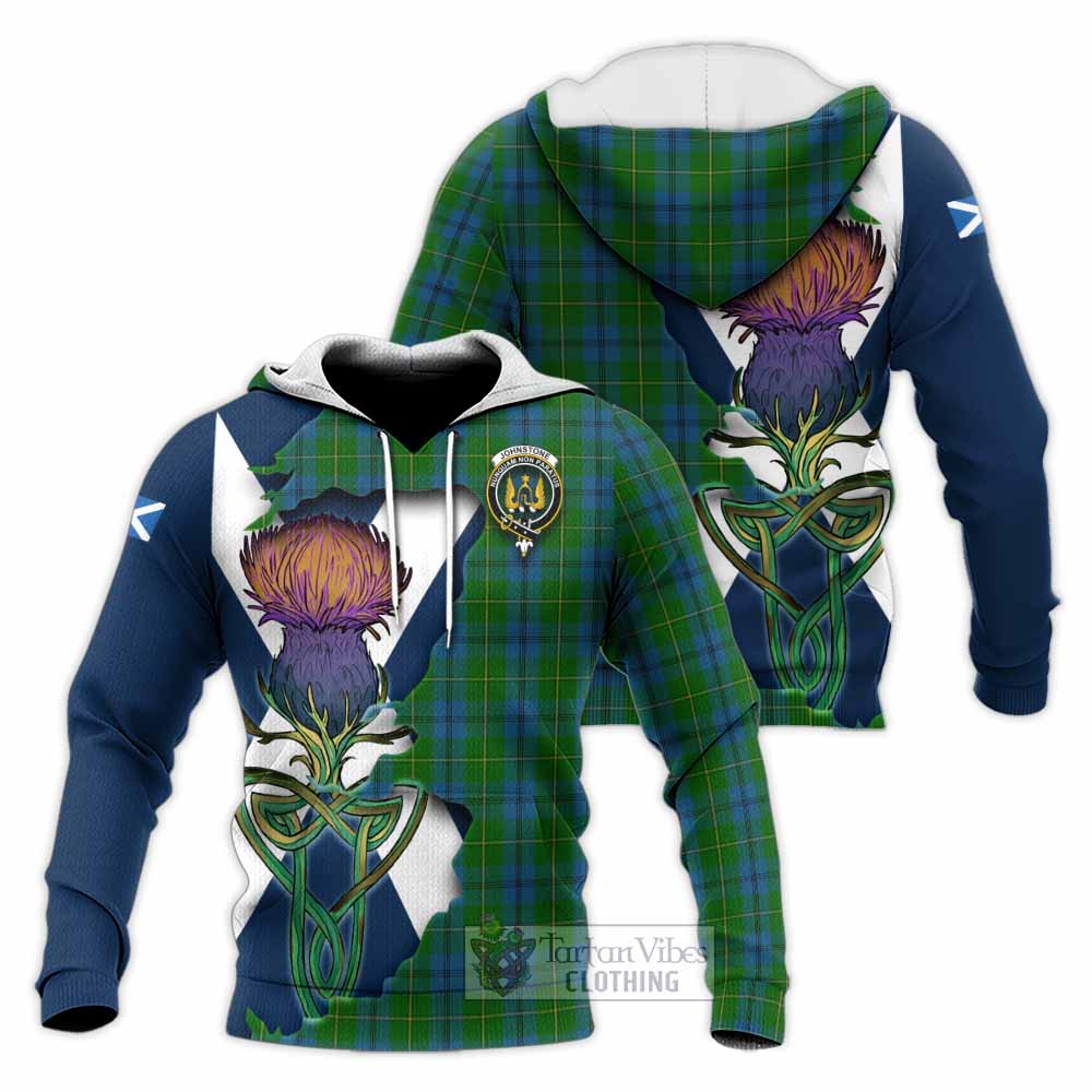 Tartan Vibes Clothing Johnstone (Johnston) Tartan Family Crest Knitted Hoodie Scottish Thistle Celtic Inspired