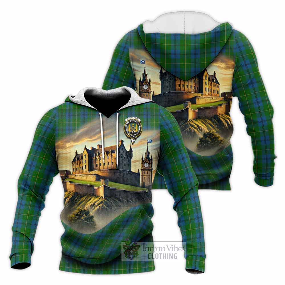 Tartan Vibes Clothing Johnstone (Johnston) Tartan Family Crest Knitted Hoodie with Scottish Ancient Castle Style