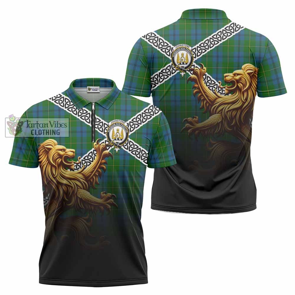 Tartan Vibes Clothing Johnstone (Johnston) Crest Tartan Zipper Polo Shirt with Golden Lion Emblem Celtic Style