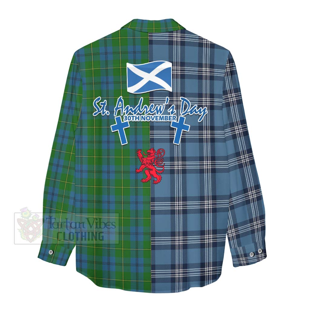Tartan Vibes Clothing Johnstone (Johnston) Tartan Women's Casual Shirt Happy St. Andrew's Day Half Tartan Style