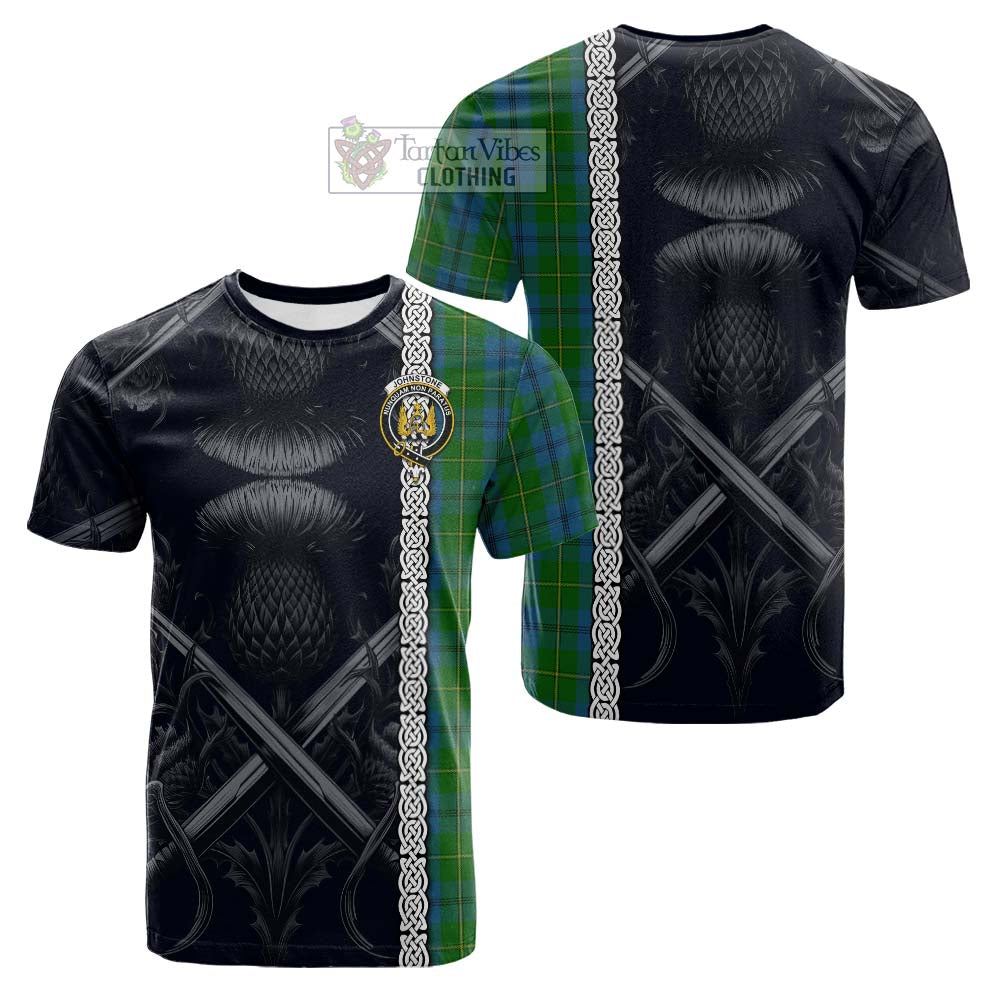 Tartan Vibes Clothing Johnstone (Johnston) Tartan Cotton T-shirt with Family Crest Cross Sword Thistle Celtic Vibes