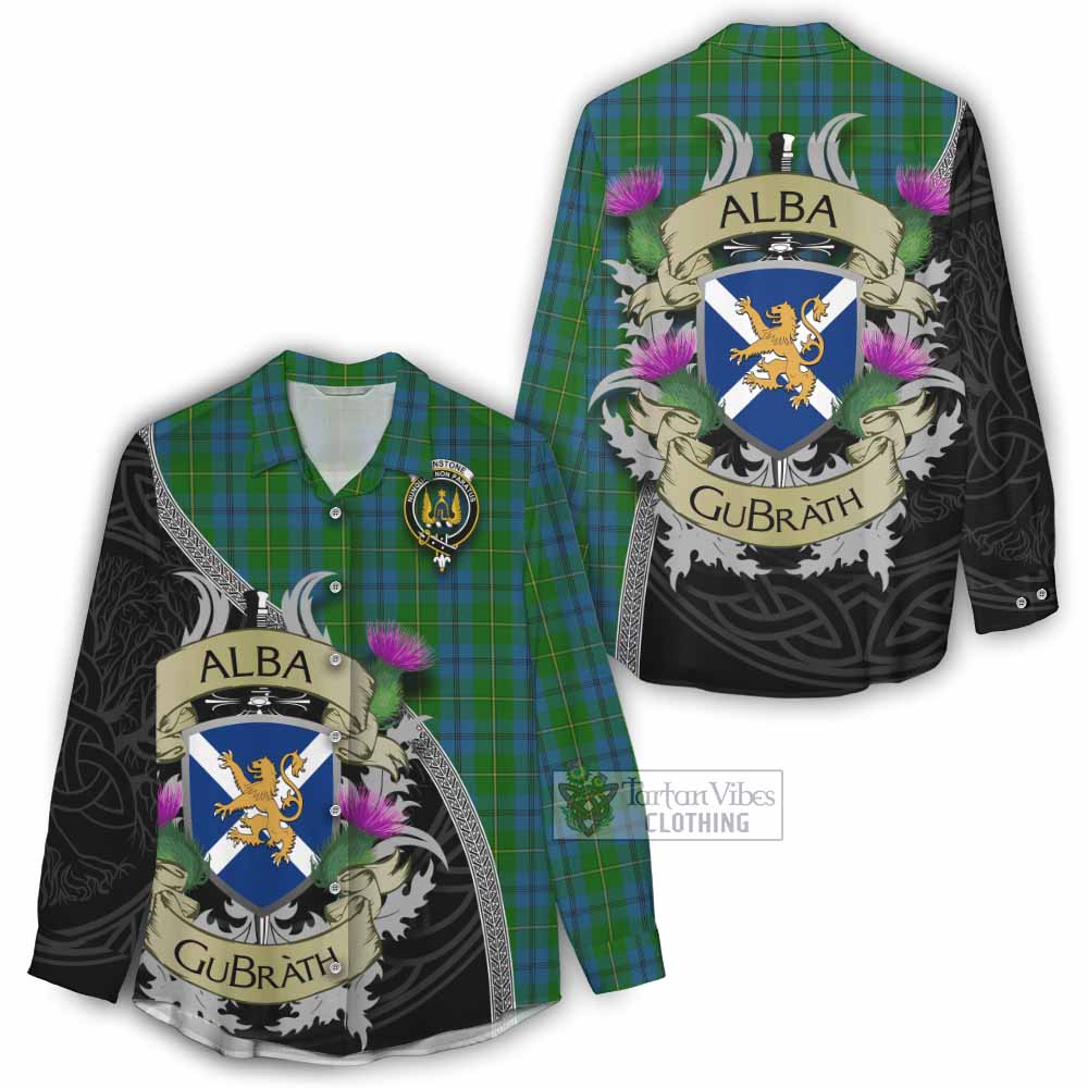 Tartan Vibes Clothing Johnstone (Johnston) Tartan Family Crest Women's Casual Shirt Lion Rampant Royal Thistle Shield Celtic Inspired