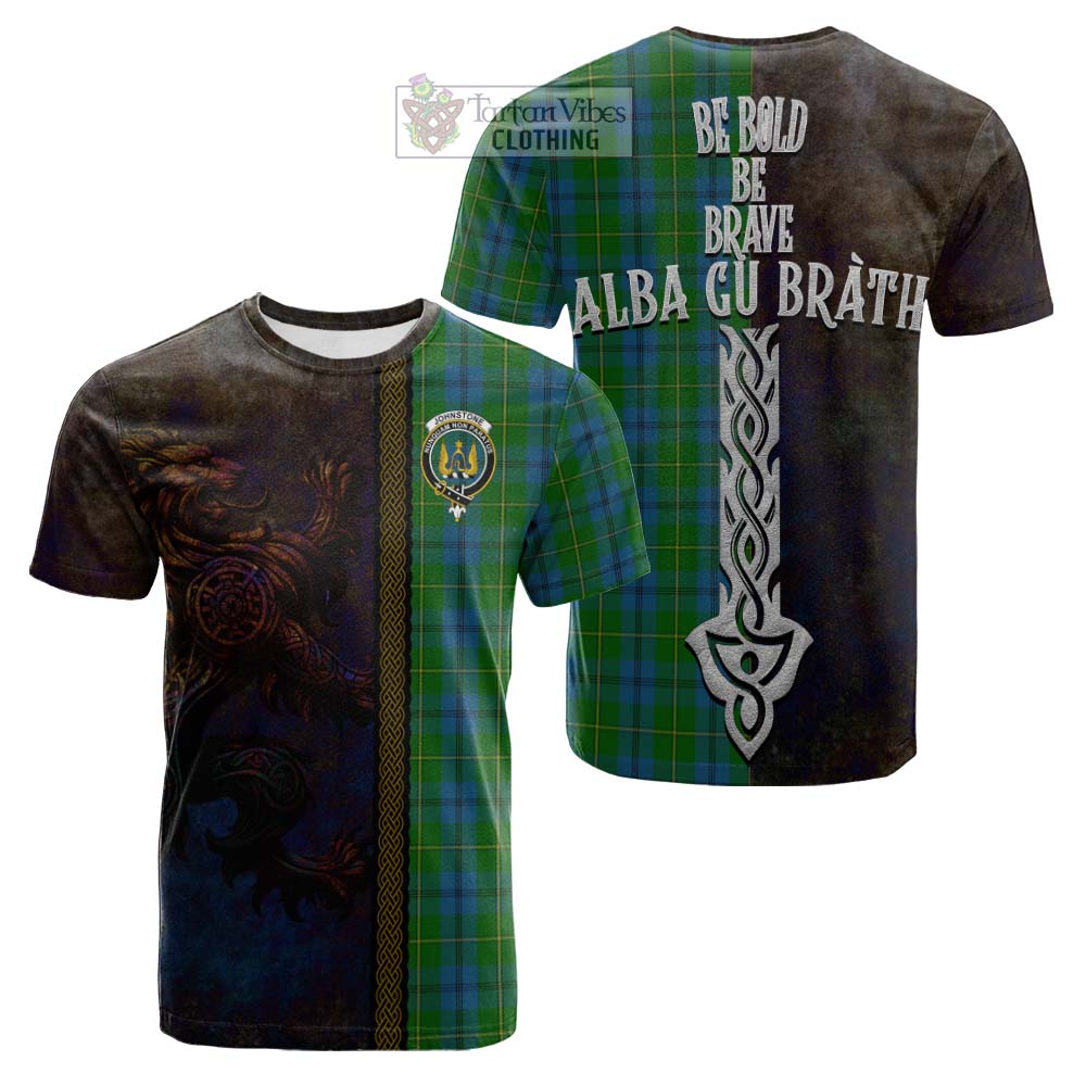 Tartan Vibes Clothing Johnstone (Johnston) Tartan Family Crest Cotton T-shirt Alba Gu Brath Be Brave Lion Ancient Style