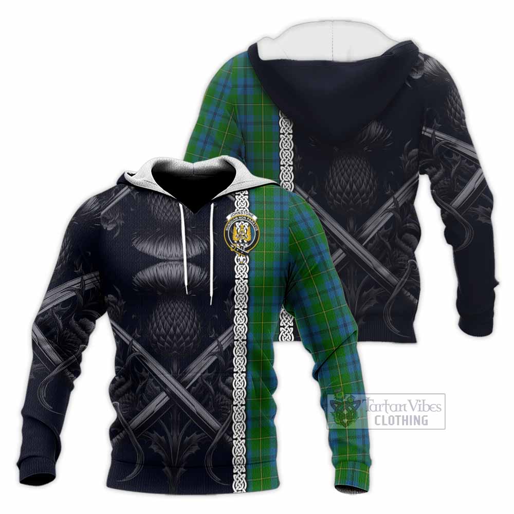 Tartan Vibes Clothing Johnstone (Johnston) Tartan Knitted Hoodie with Family Crest Cross Sword Thistle Celtic Vibes
