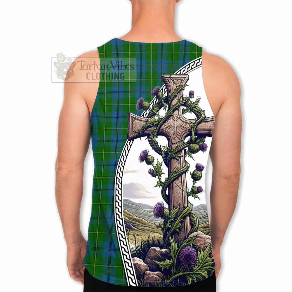 Tartan Vibes Clothing Johnstone (Johnston) Tartan Men's Tank Top with Family Crest and St. Andrew's Cross Accented by Thistle Vines
