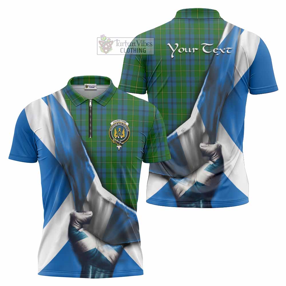 Tartan Vibes Clothing Johnstone (Johnston) Tartan Zipper Polo Shirt with Family Crest Scotland Patriotic Style