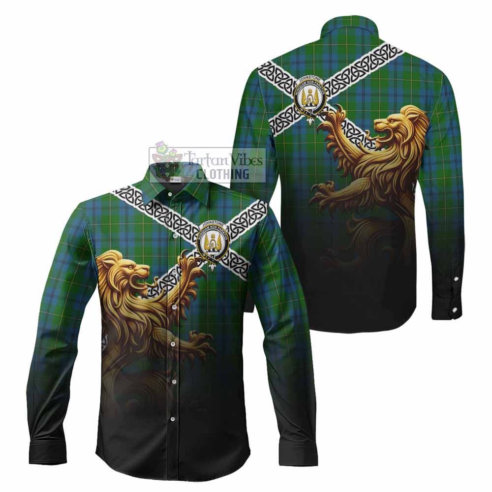 Tartan Vibes Clothing Johnstone (Johnston) Crest Tartan Long Sleeve Button Shirt with Golden Lion Emblem Celtic Style