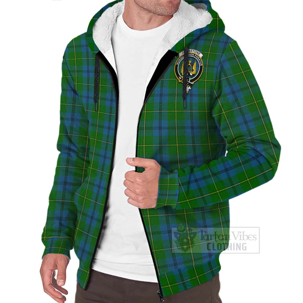 Tartan Vibes Clothing Johnstone (Johnston) Tartan Sherpa Hoodie with Family Crest and Bearded Skull Holding Bottles of Whiskey