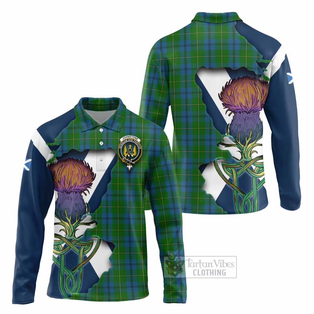 Tartan Vibes Clothing Johnstone (Johnston) Tartan Family Crest Long Sleeve Polo Shirt Scottish Thistle Celtic Inspired
