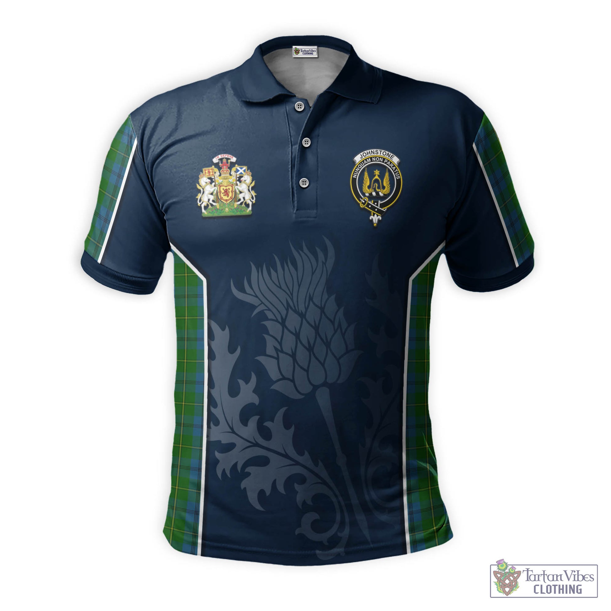 Tartan Vibes Clothing Johnstone-Johnston Tartan Men's Polo Shirt with Family Crest and Scottish Thistle Vibes Sport Style