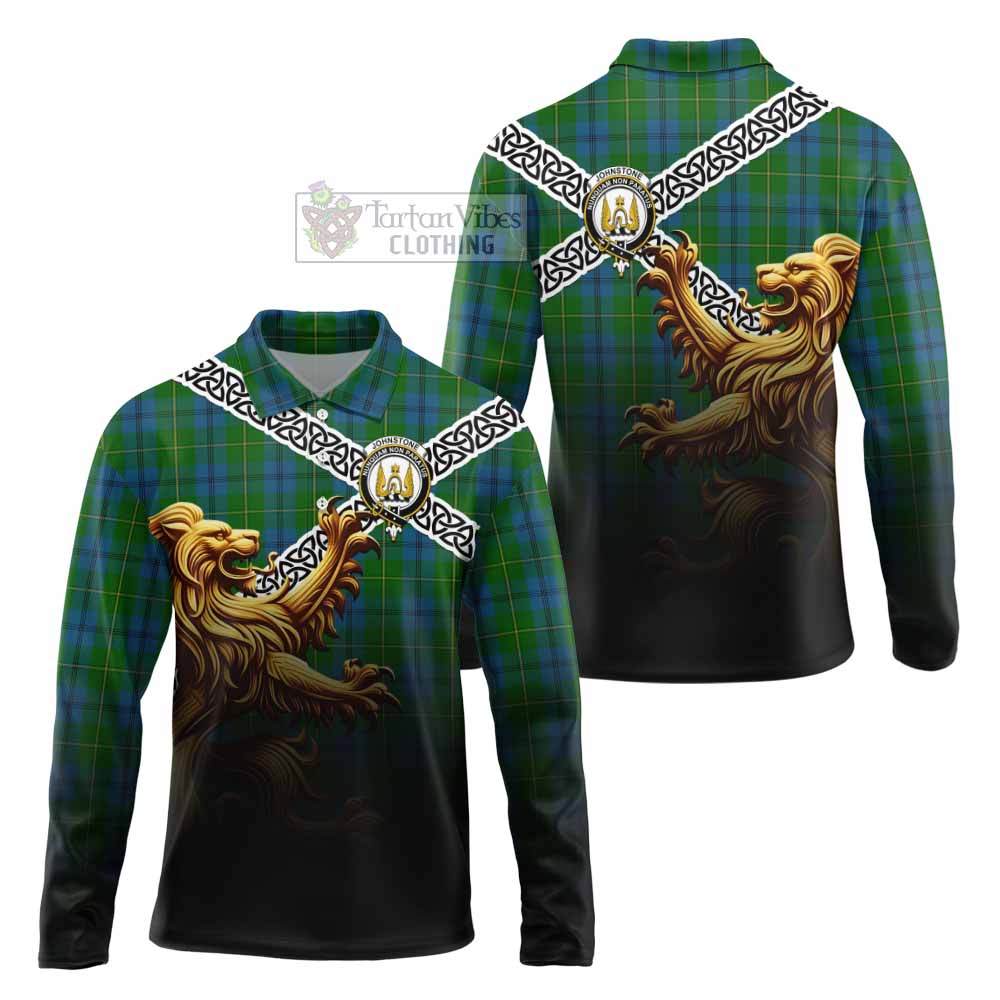 Tartan Vibes Clothing Johnstone (Johnston) Crest Tartan Long Sleeve Polo Shirt with Golden Lion Emblem Celtic Style
