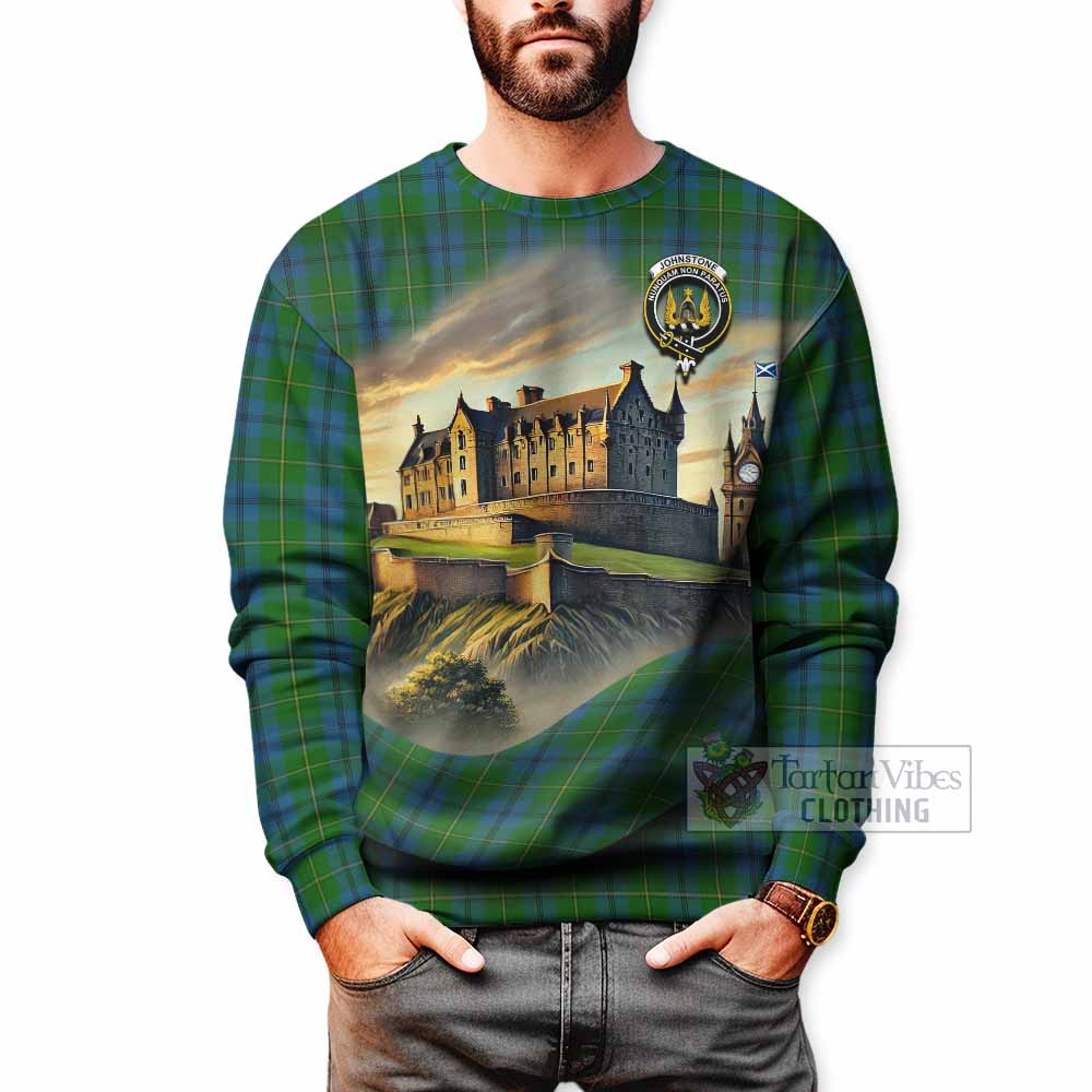 Tartan Vibes Clothing Johnstone (Johnston) Tartan Family Crest Sweatshirt with Scottish Ancient Castle Style