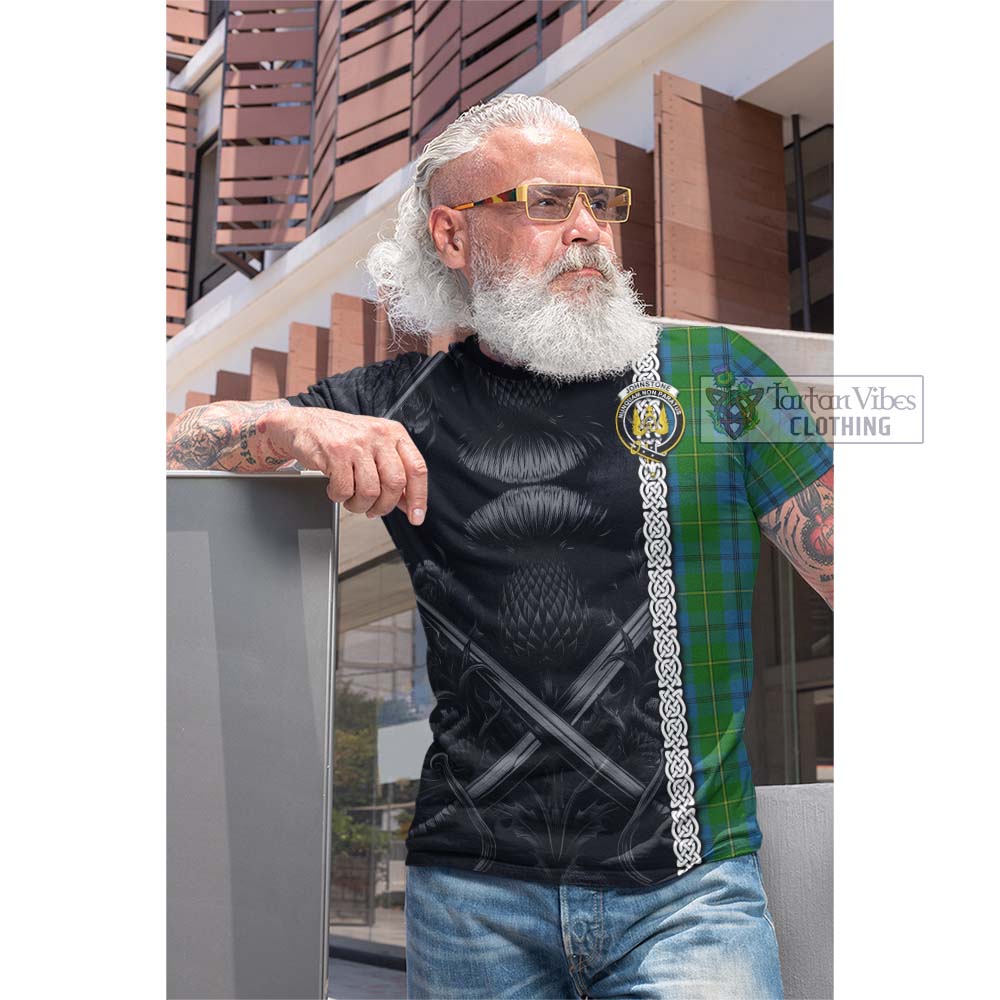 Tartan Vibes Clothing Johnstone (Johnston) Tartan Cotton T-shirt with Family Crest Cross Sword Thistle Celtic Vibes