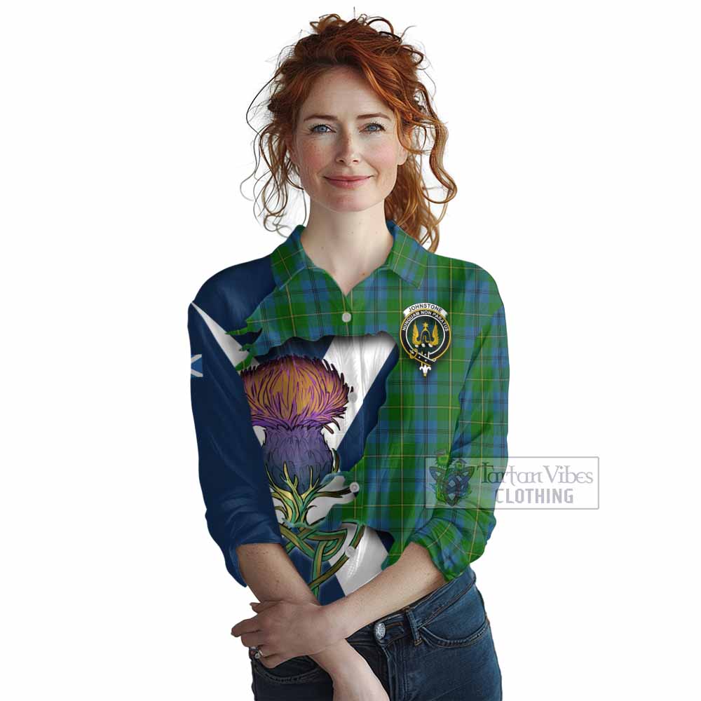 Tartan Vibes Clothing Johnstone (Johnston) Tartan Family Crest Women's Casual Shirt Scottish Thistle Celtic Inspired