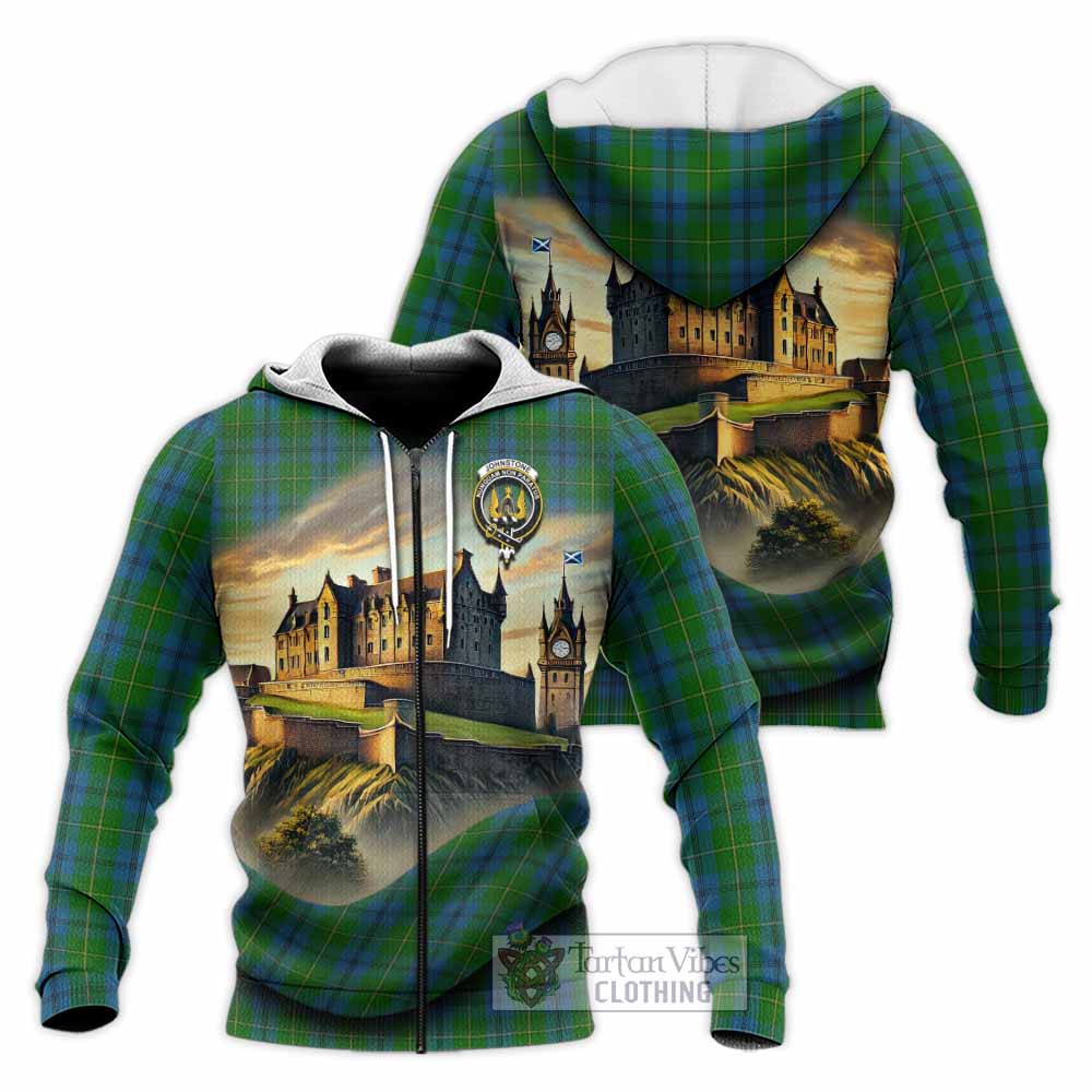 Tartan Vibes Clothing Johnstone (Johnston) Tartan Family Crest Knitted Hoodie with Scottish Ancient Castle Style