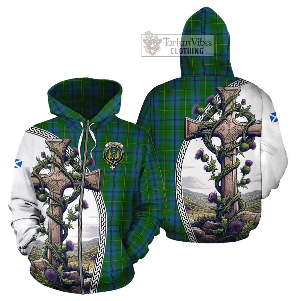 Tartan Vibes Clothing Johnstone (Johnston) Tartan Cotton Hoodie with Family Crest and St. Andrew's Cross Accented by Thistle Vines