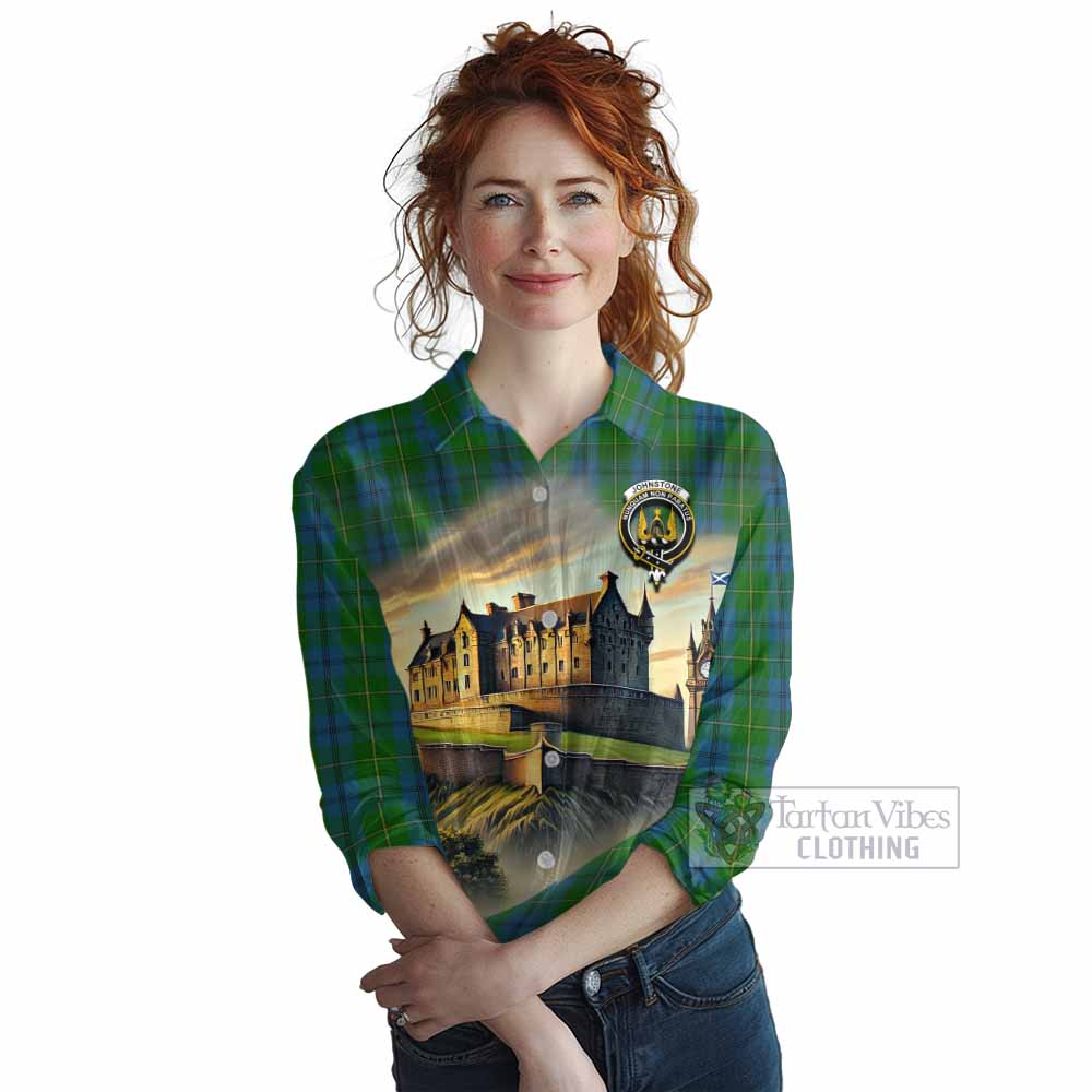 Tartan Vibes Clothing Johnstone (Johnston) Tartan Family Crest Women's Casual Shirt with Scottish Ancient Castle Style