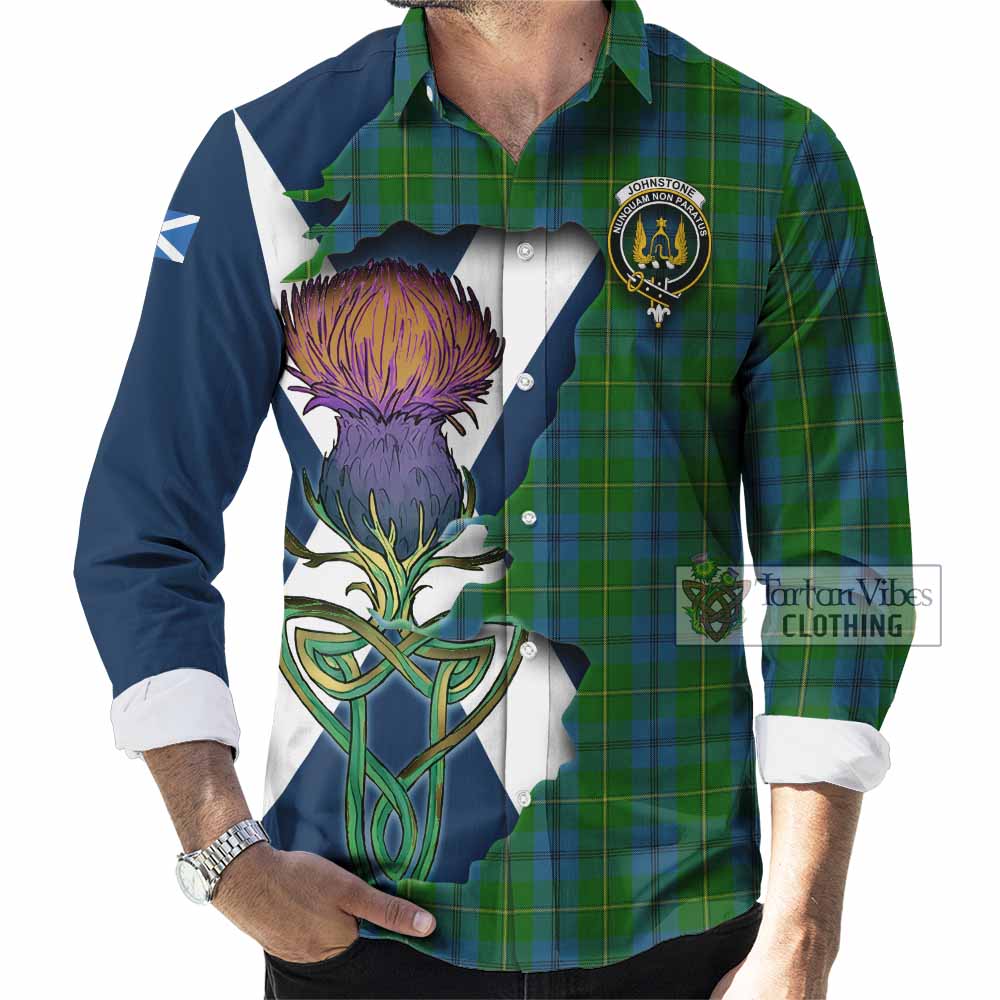 Tartan Vibes Clothing Johnstone (Johnston) Tartan Family Crest Long Sleeve Button Shirt Scottish Thistle Celtic Inspired