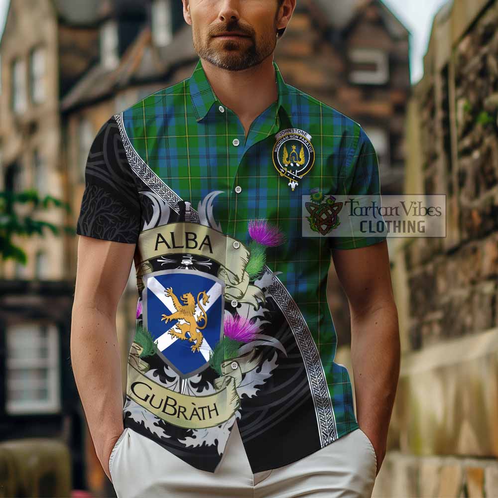 Tartan Vibes Clothing Johnstone (Johnston) Tartan Family Crest Short Sleeve Button Shirt Lion Rampant Royal Thistle Shield Celtic Inspired