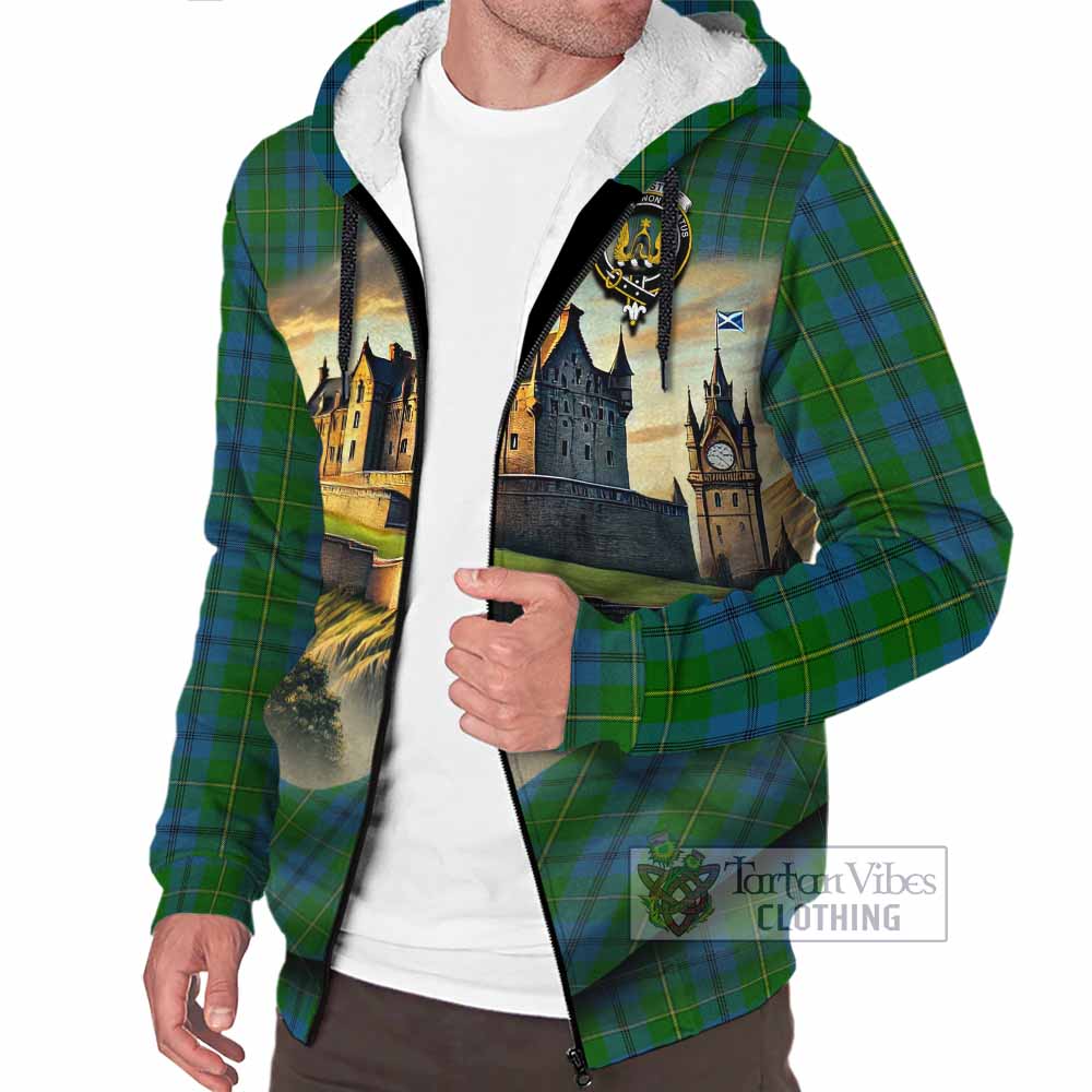 Tartan Vibes Clothing Johnstone (Johnston) Tartan Family Crest Sherpa Hoodie with Scottish Ancient Castle Style