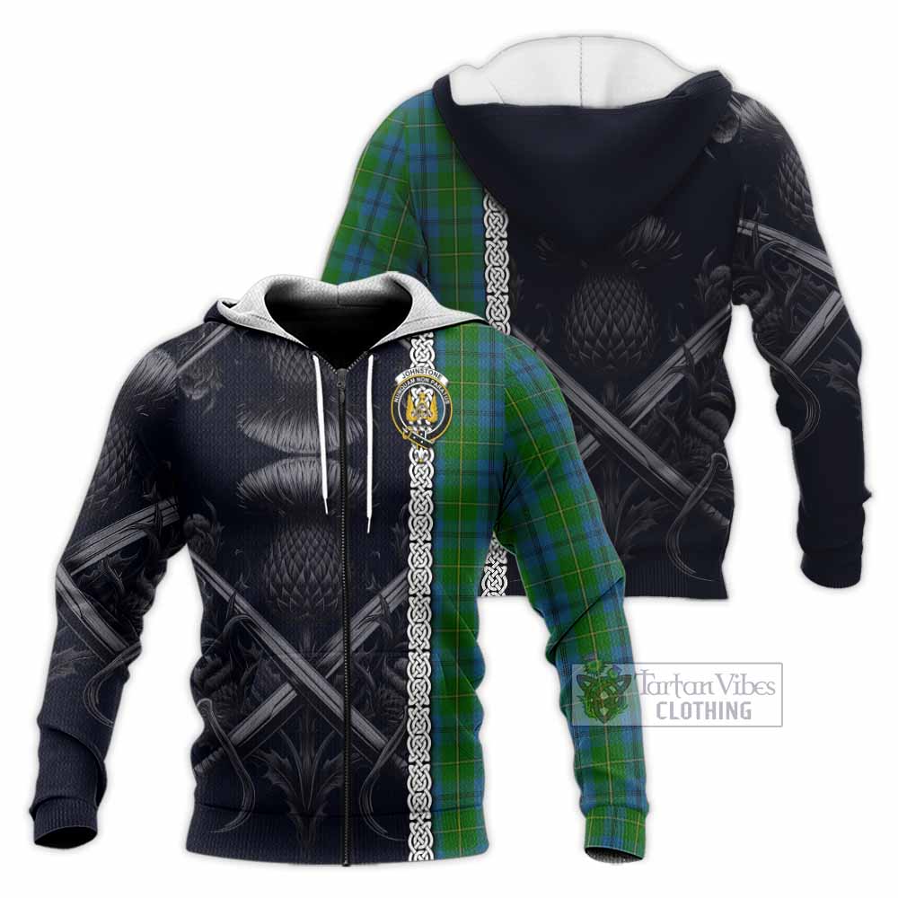 Tartan Vibes Clothing Johnstone (Johnston) Tartan Knitted Hoodie with Family Crest Cross Sword Thistle Celtic Vibes
