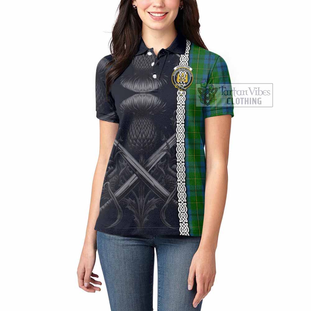 Tartan Vibes Clothing Johnstone (Johnston) Tartan Women's Polo Shirt with Family Crest Cross Sword Thistle Celtic Vibes