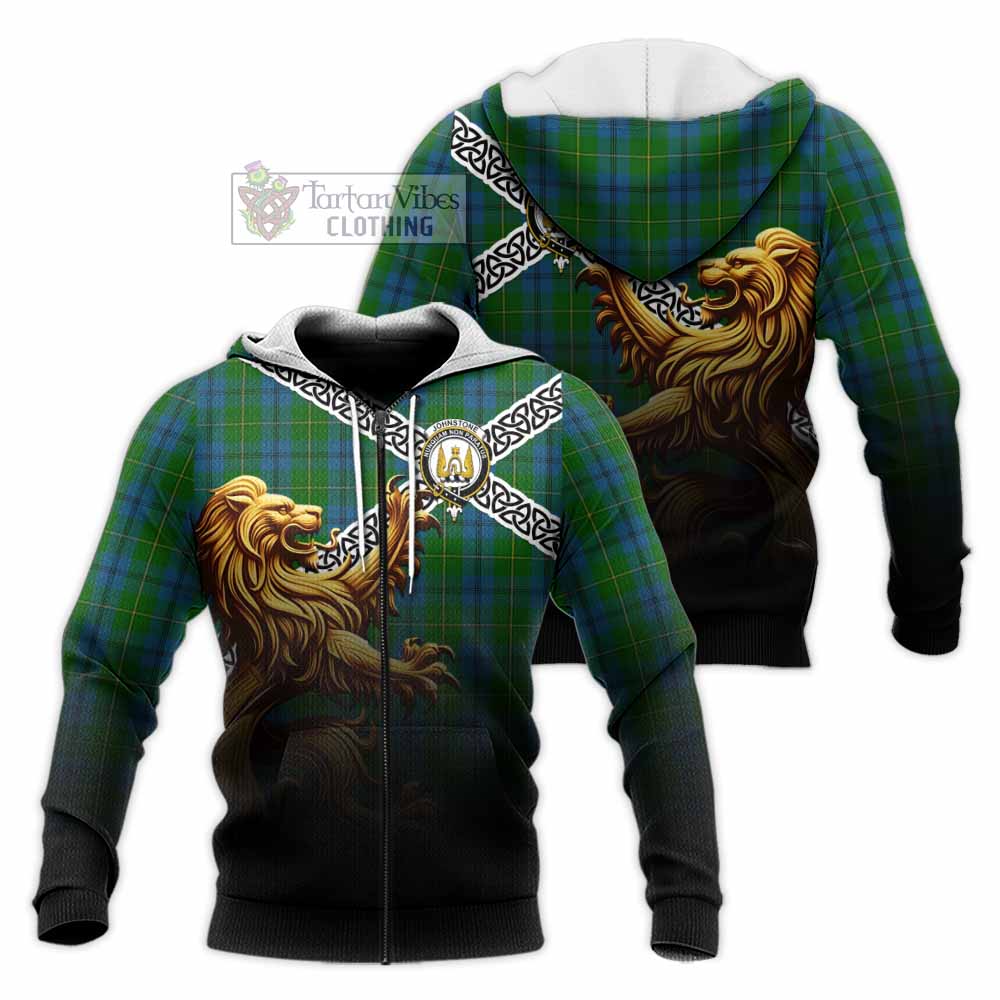 Tartan Vibes Clothing Johnstone (Johnston) Crest Tartan Knitted Hoodie with Golden Lion Emblem Celtic Style