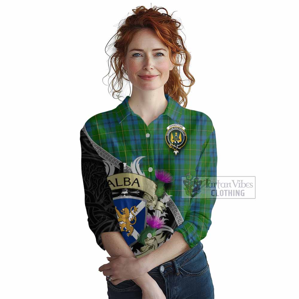 Tartan Vibes Clothing Johnstone (Johnston) Tartan Family Crest Women's Casual Shirt Lion Rampant Royal Thistle Shield Celtic Inspired