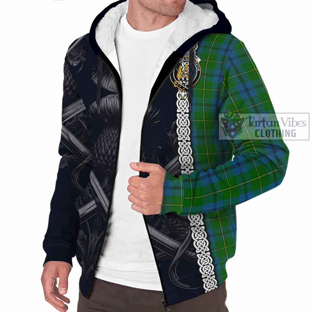 Tartan Vibes Clothing Johnstone (Johnston) Tartan Sherpa Hoodie with Family Crest Cross Sword Thistle Celtic Vibes