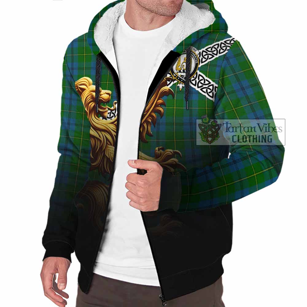 Tartan Vibes Clothing Johnstone (Johnston) Crest Tartan Sherpa Hoodie with Golden Lion Emblem Celtic Style