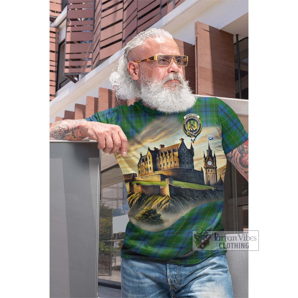 Tartan Vibes Clothing Johnstone (Johnston) Tartan Family Crest Cotton T-shirt with Scottish Ancient Castle Style