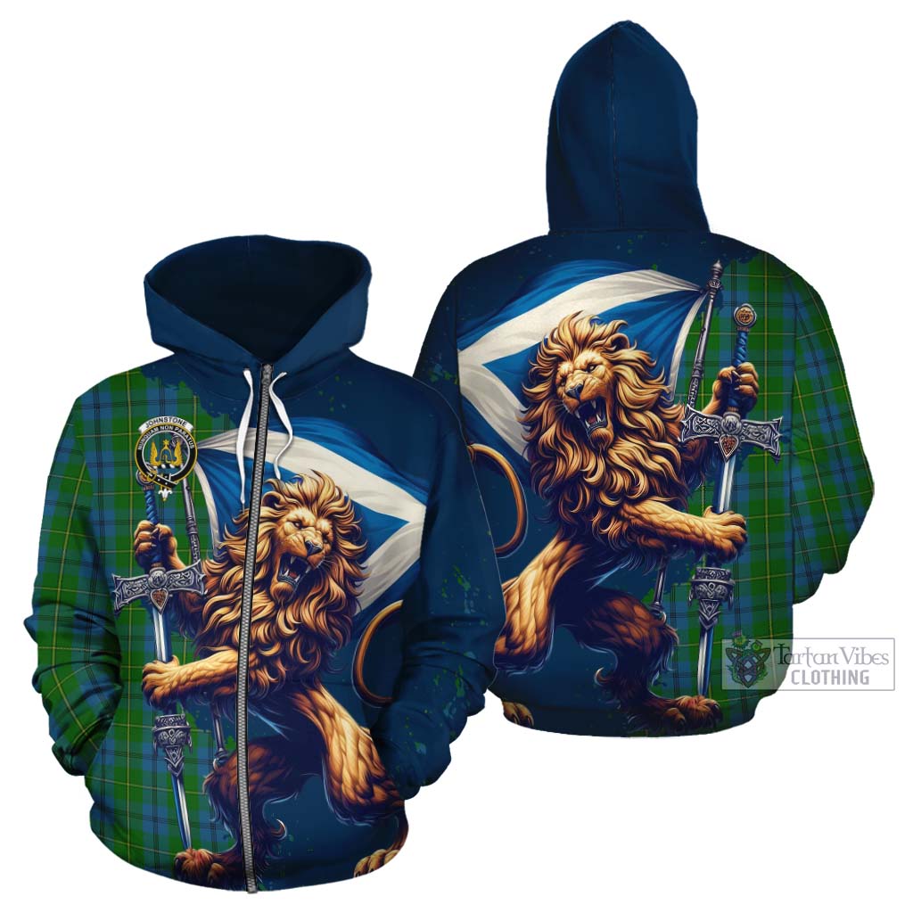 Tartan Vibes Clothing Johnstone (Johnston) Tartan Family Crest Cotton Hoodie with Scottish Majestic Lion