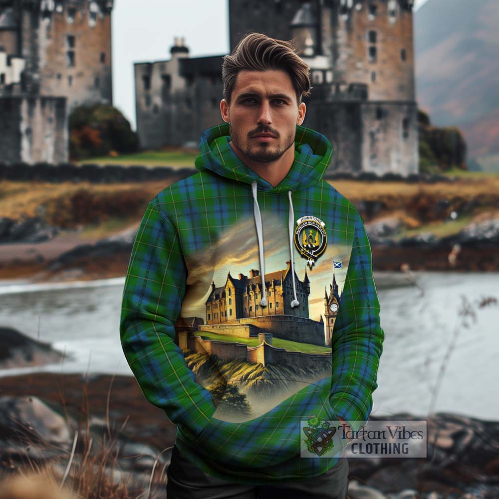 Tartan Vibes Clothing Johnstone (Johnston) Tartan Family Crest Cotton Hoodie with Scottish Ancient Castle Style