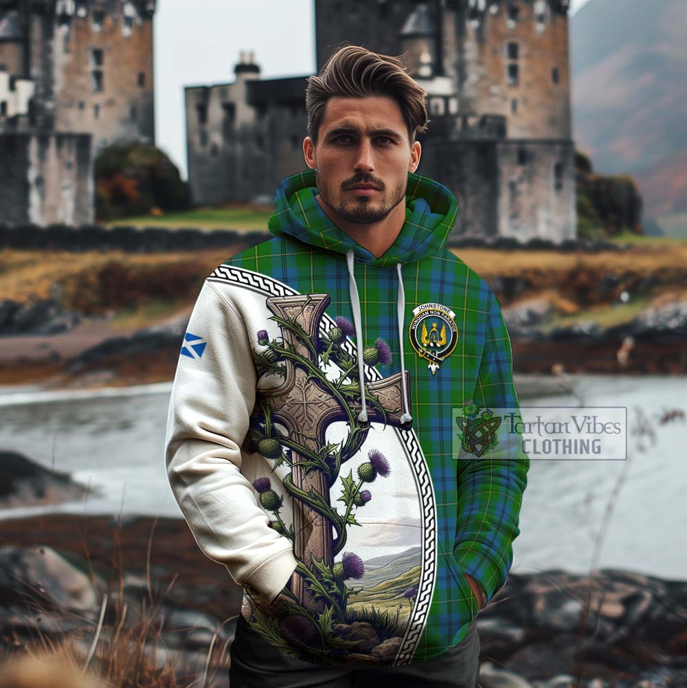 Tartan Vibes Clothing Johnstone (Johnston) Tartan Cotton Hoodie with Family Crest and St. Andrew's Cross Accented by Thistle Vines