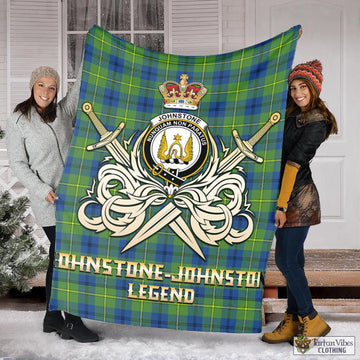 Johnstone-Johnston Ancient Tartan Blanket with Clan Crest and the Golden Sword of Courageous Legacy