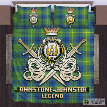 Johnstone-Johnston Ancient Tartan Bedding Set with Clan Crest and the Golden Sword of Courageous Legacy