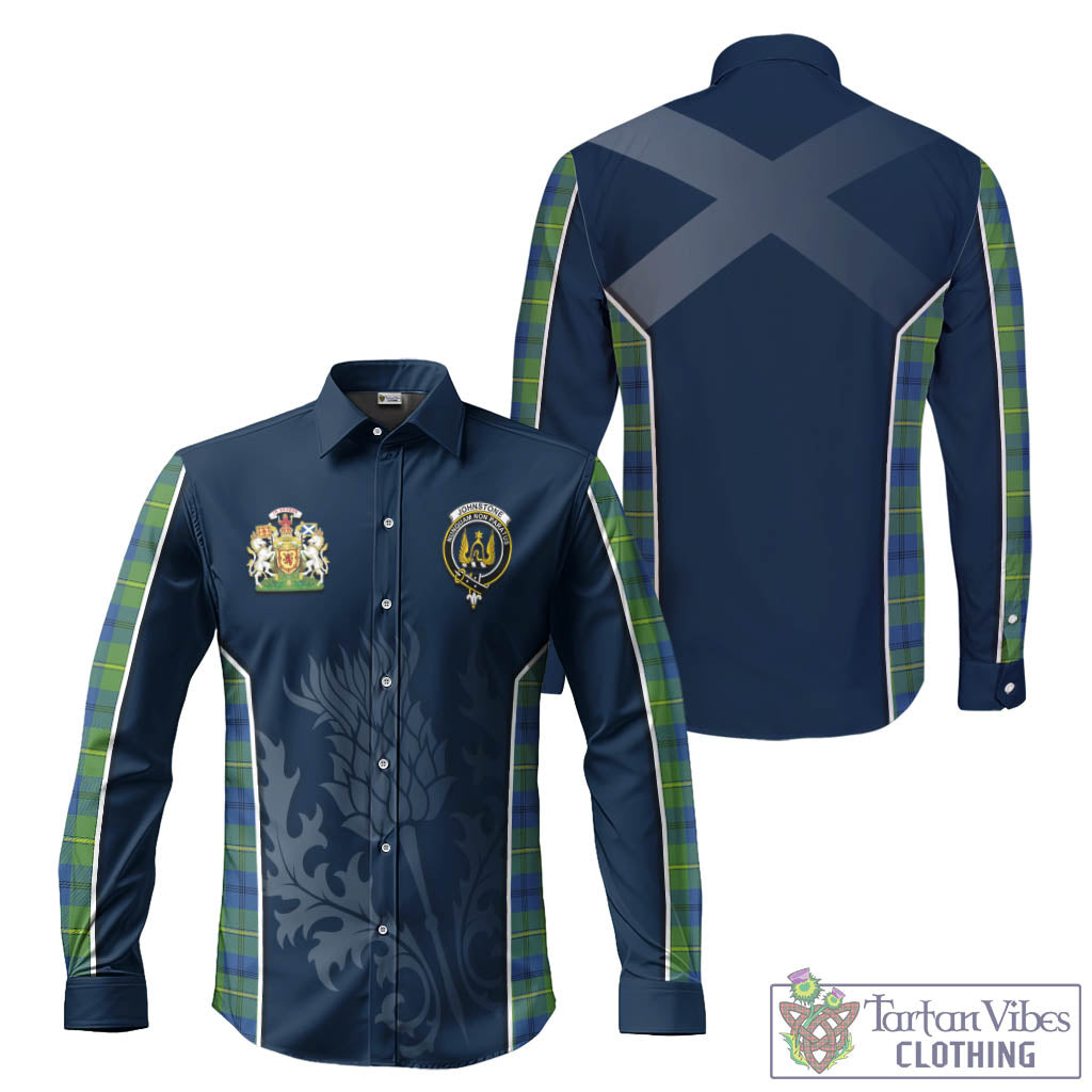 Tartan Vibes Clothing Johnstone-Johnston Ancient Tartan Long Sleeve Button Up Shirt with Family Crest and Scottish Thistle Vibes Sport Style