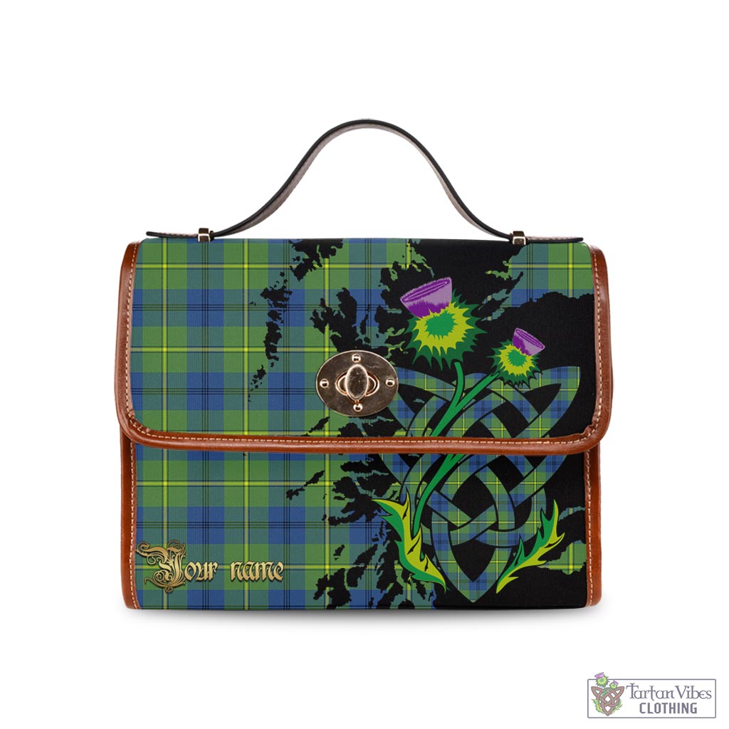 Tartan Vibes Clothing Johnstone-Johnston Ancient Tartan Waterproof Canvas Bag with Scotland Map and Thistle Celtic Accents