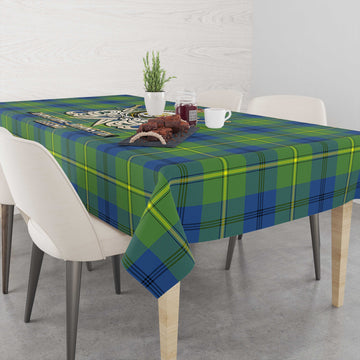 Johnstone-Johnston Ancient Tartan Tablecloth with Clan Crest and the Golden Sword of Courageous Legacy
