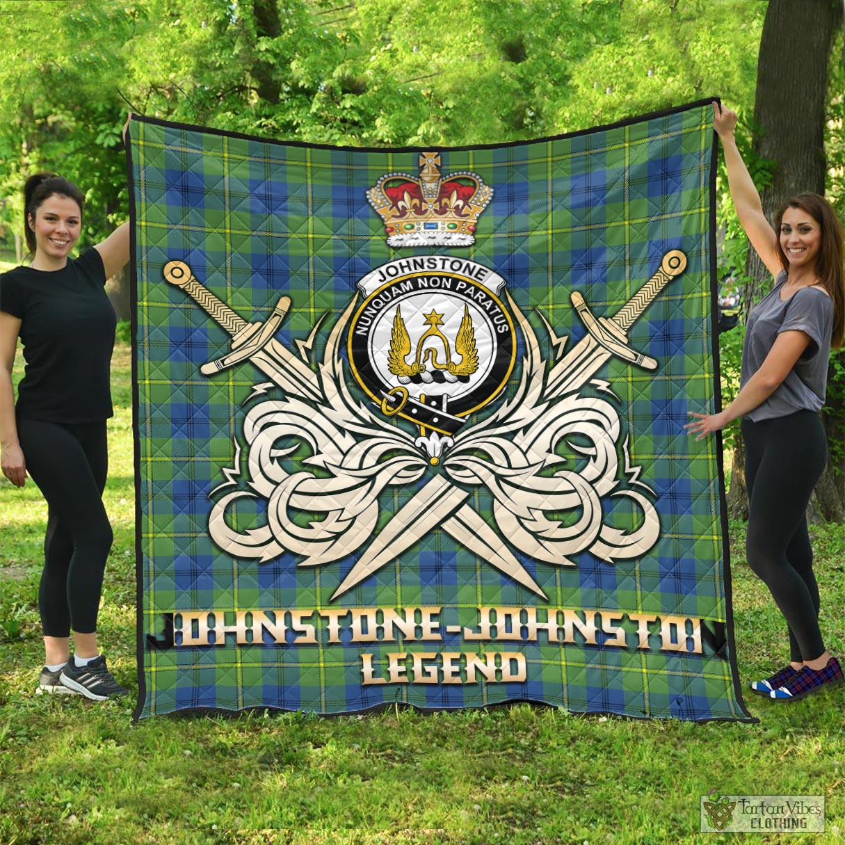 Tartan Vibes Clothing Johnstone-Johnston Ancient Tartan Quilt with Clan Crest and the Golden Sword of Courageous Legacy