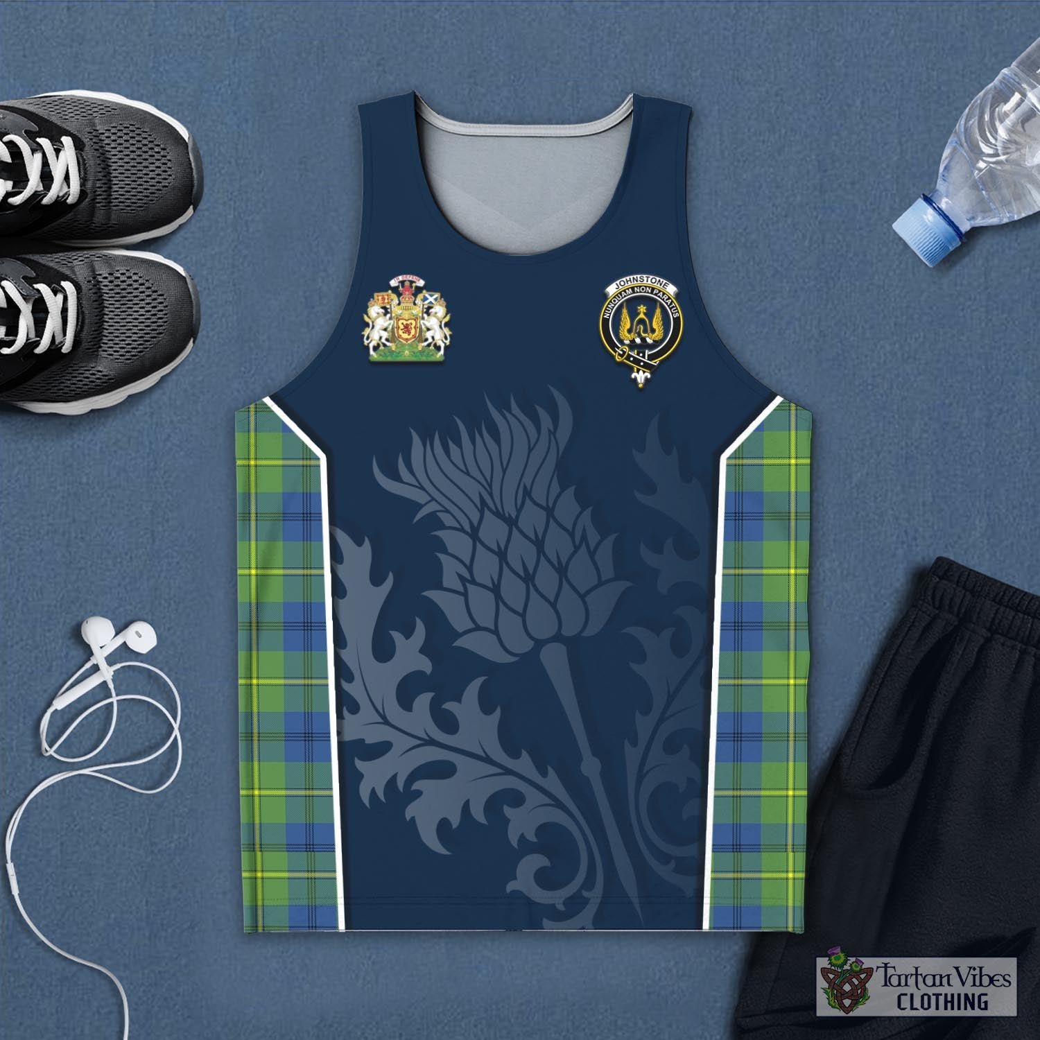 Tartan Vibes Clothing Johnstone-Johnston Ancient Tartan Men's Tanks Top with Family Crest and Scottish Thistle Vibes Sport Style