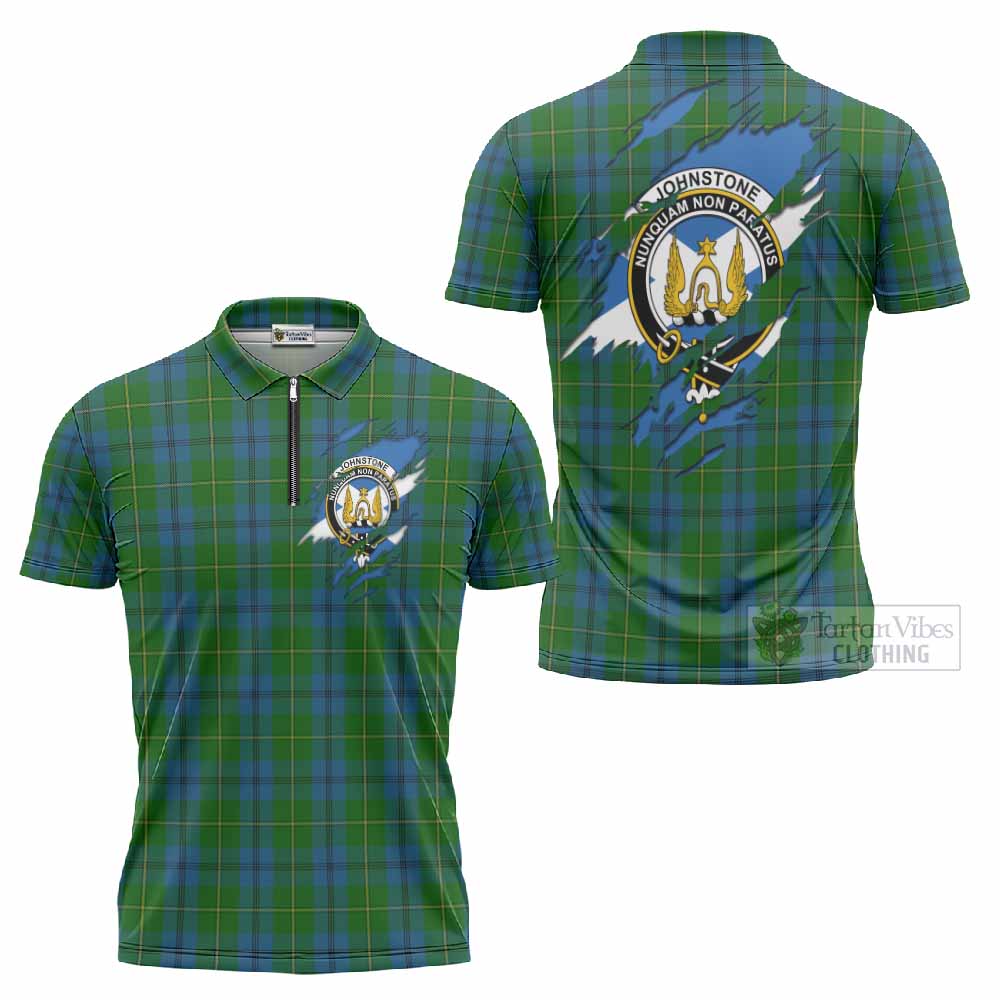 Johnstone (Johnston) Clan Crest In Me Tartan Zipper Polo Shirt Scotland Flag Style