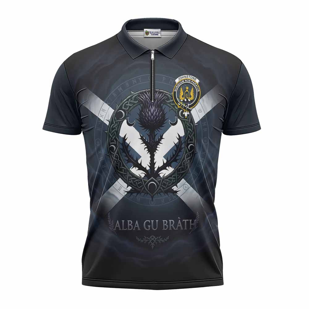 Johnstone (Johnston) Clan Crest Zipper Polo Shirt with Celtic Knot Thistle and Saltire