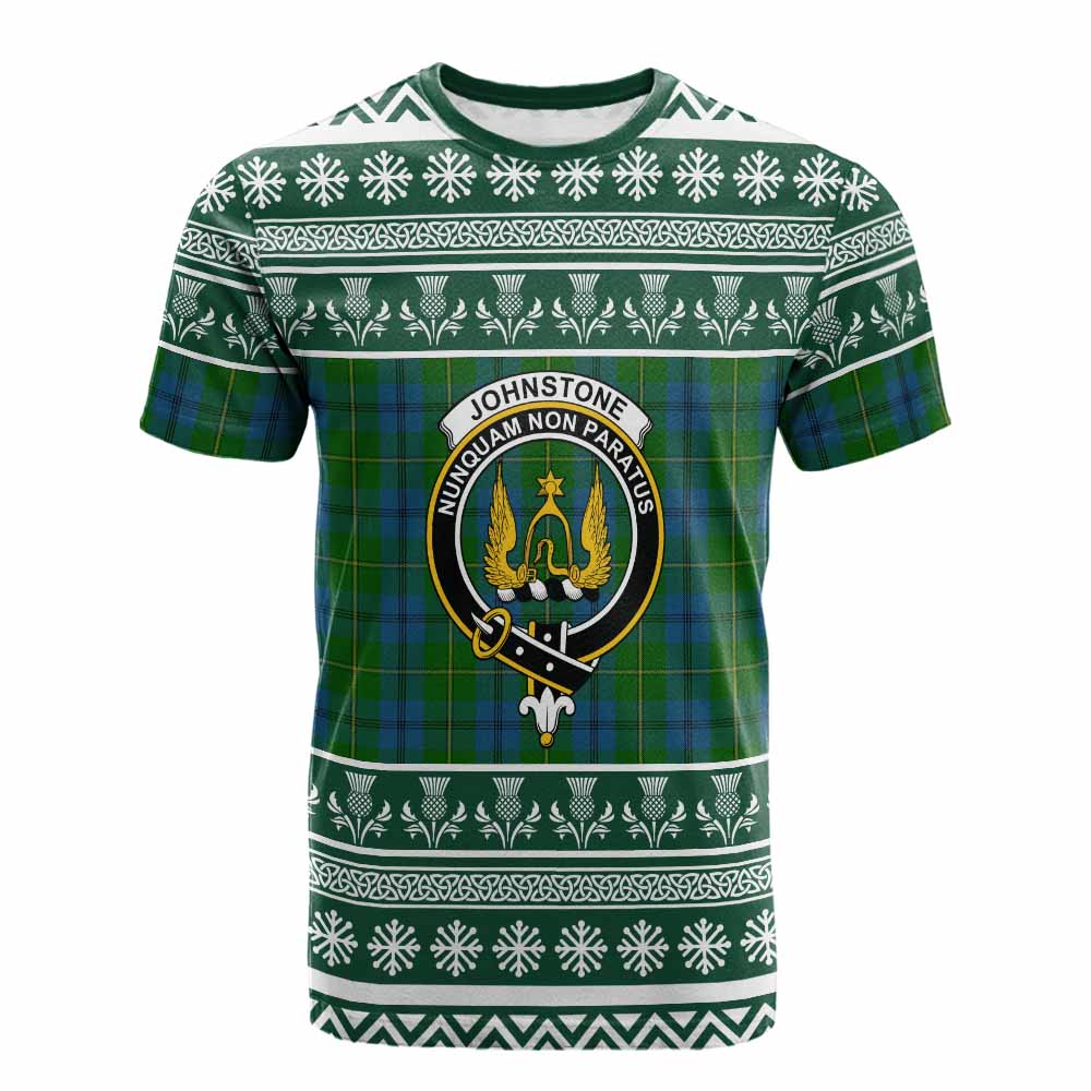 Johnstone (Johnston) Clan Tartan Christmas Cotton T-shirt with Family Crest - Tartan Vibes Clothing
