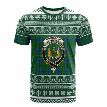 Johnstone (Johnston) Clan Tartan Christmas Cotton T-shirt with Family Crest