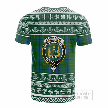 Johnstone (Johnston) Clan Tartan Christmas Cotton T-shirt with Family Crest