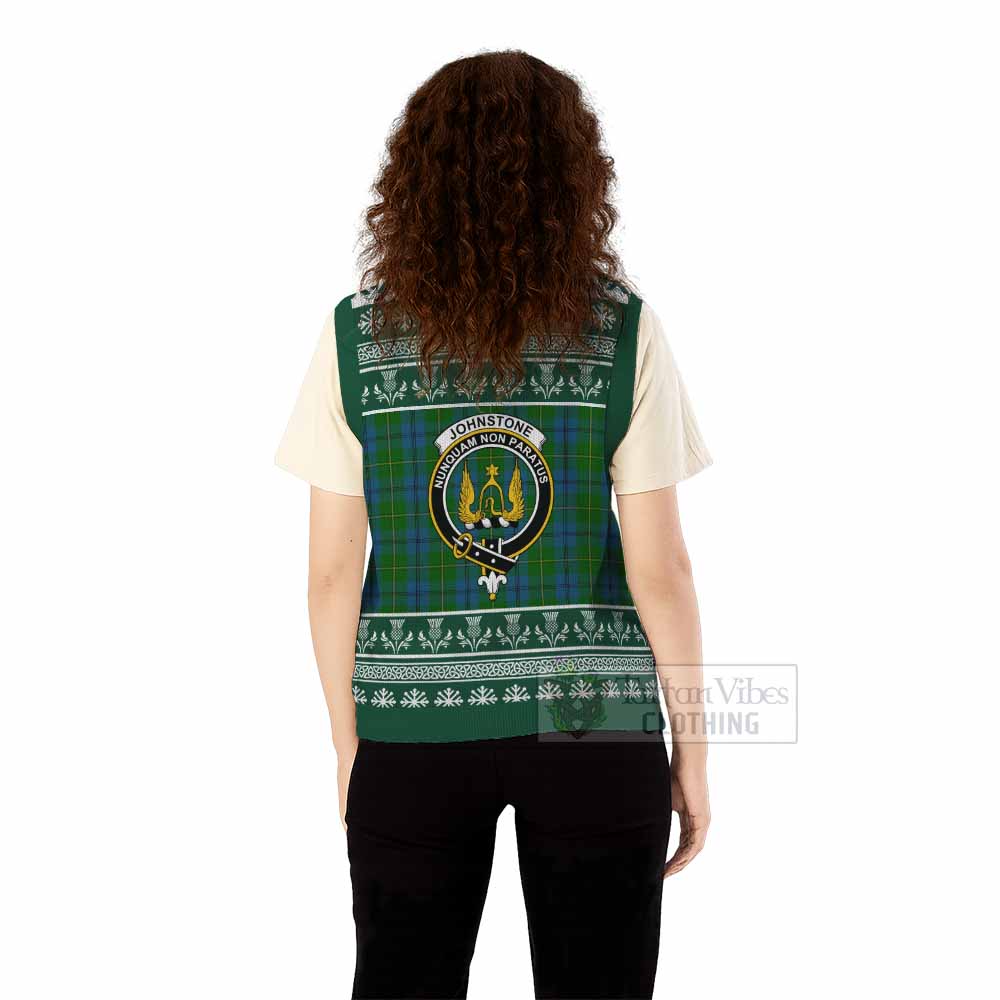 Johnstone (Johnston) Clan Tartan Christmas Knitted V-Neck Vest with Family Crest - Tartan Vibes Clothing