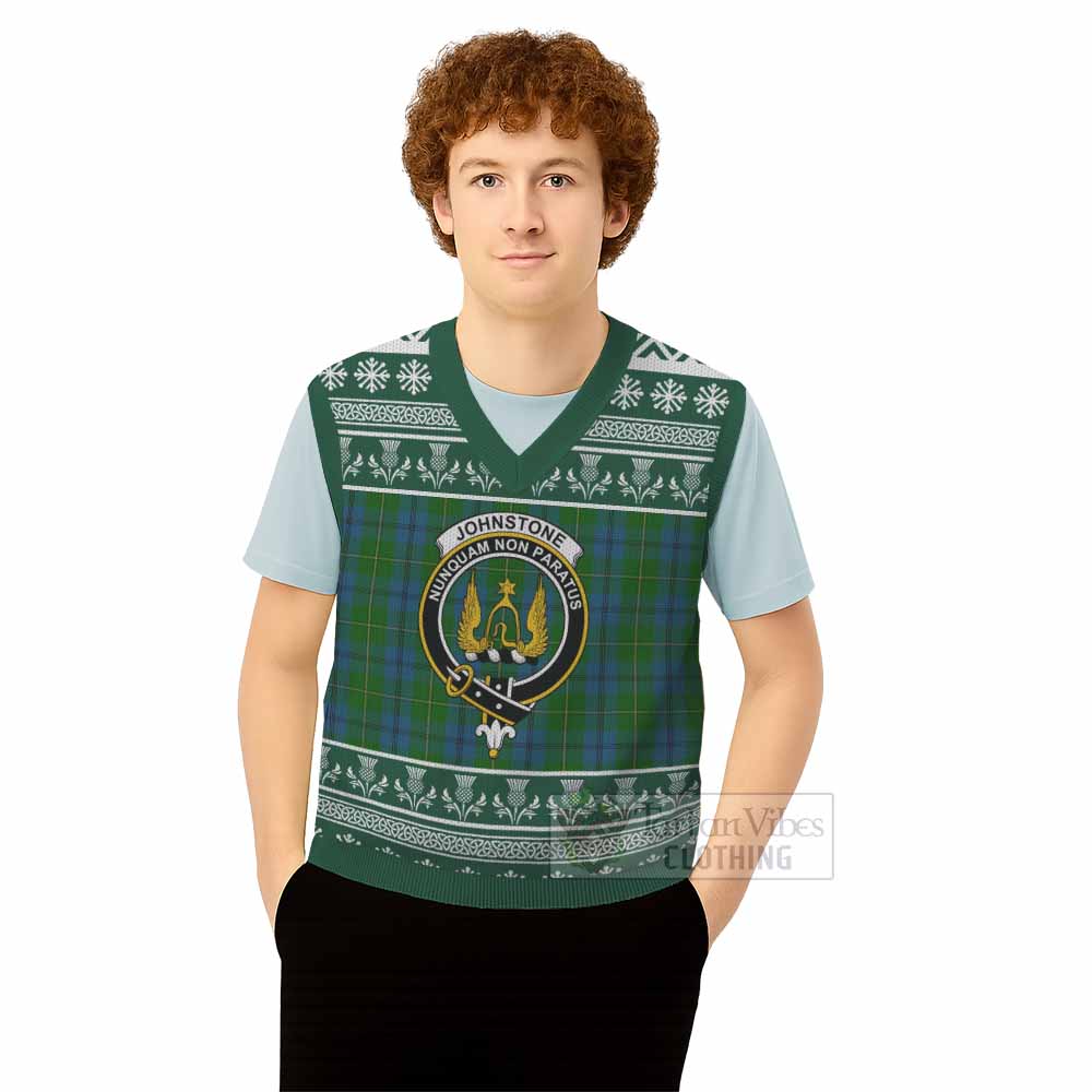 Johnstone (Johnston) Clan Tartan Christmas Knitted V-Neck Vest with Family Crest - Tartan Vibes Clothing