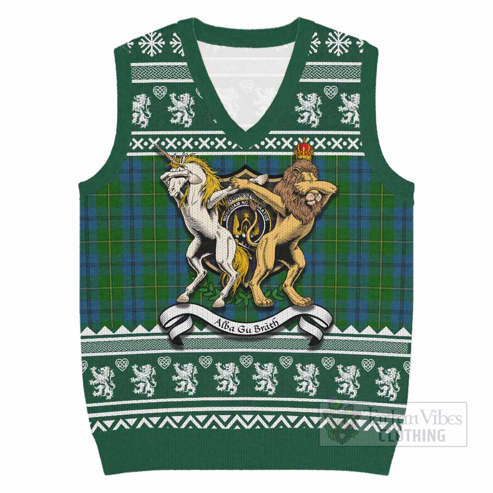 Johnstone (Johnston) Clan Tartan Crest Christmas Knitted V-Neck Vest Coat of Arms Funny Style - Tartan Vibes Clothing