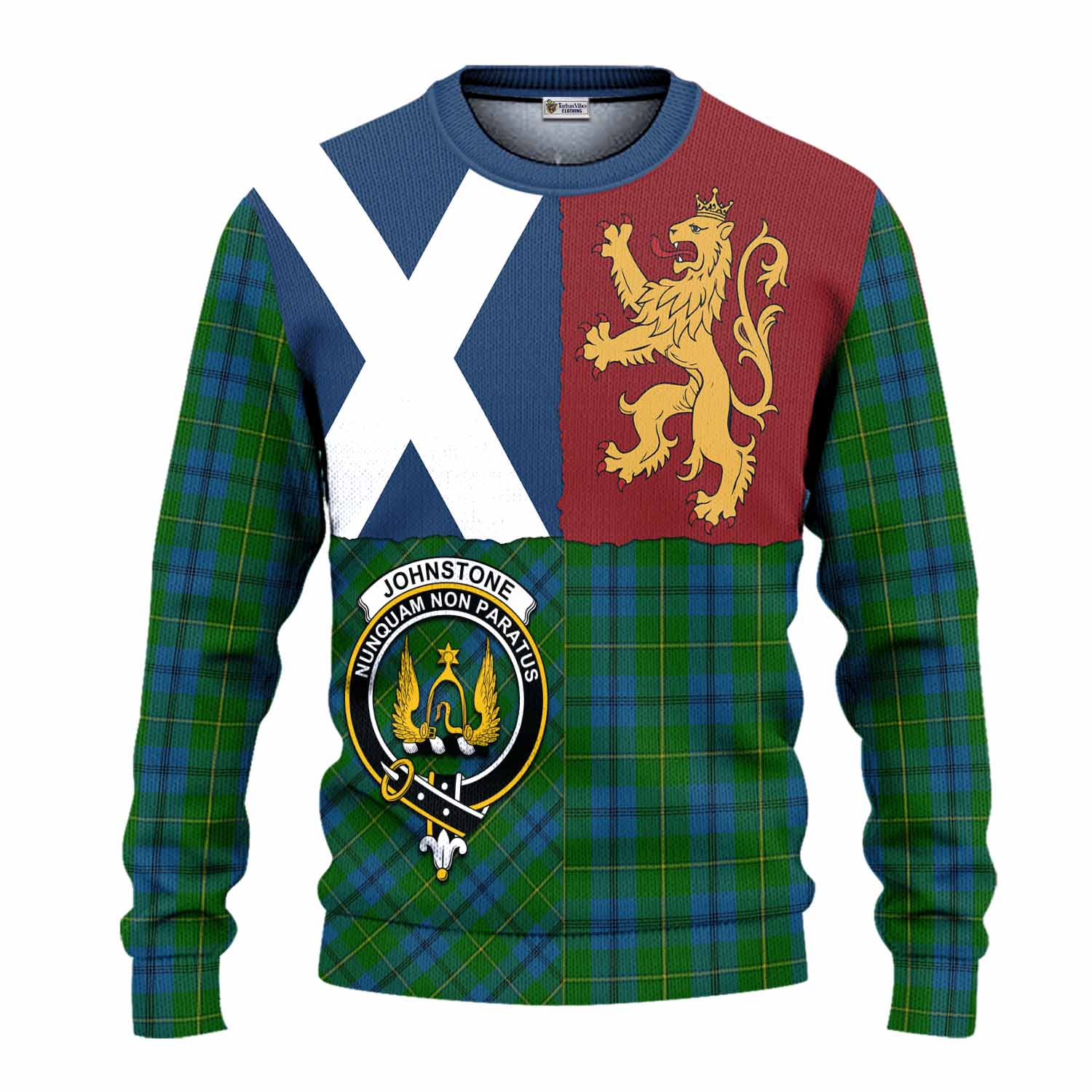 Johnstone (Johnston) Crest Tartan Knitted Sweater with Lion Rampant Saltire Style
